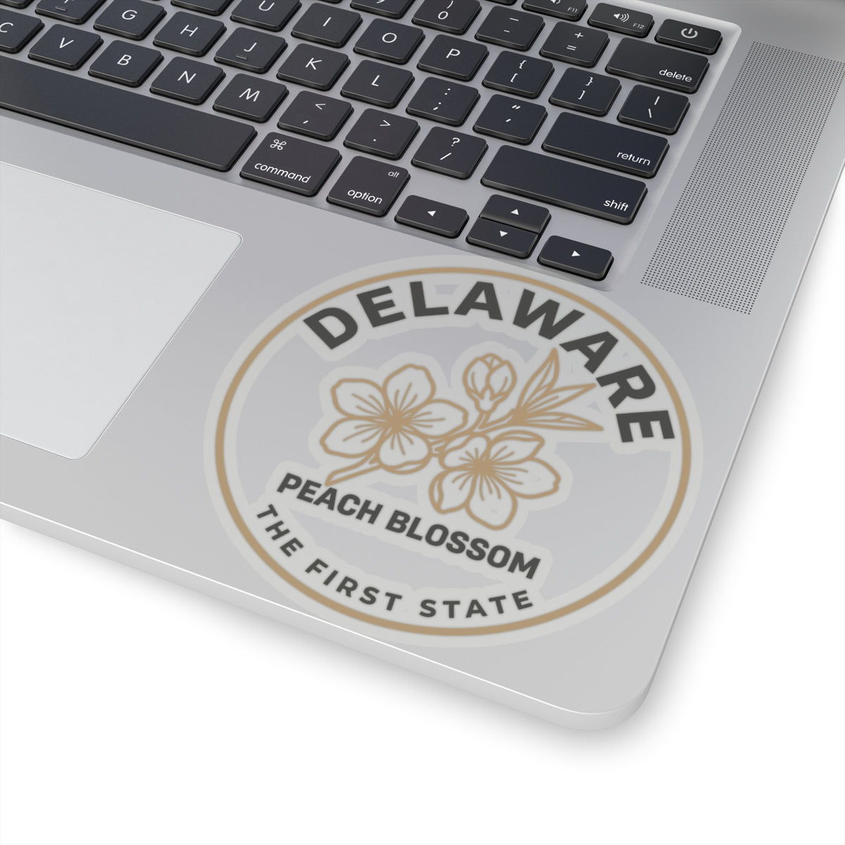 Transparent vinyl circular decal on laptop: DELAWARE PEACH BLOSSOM THE FIRST STATE