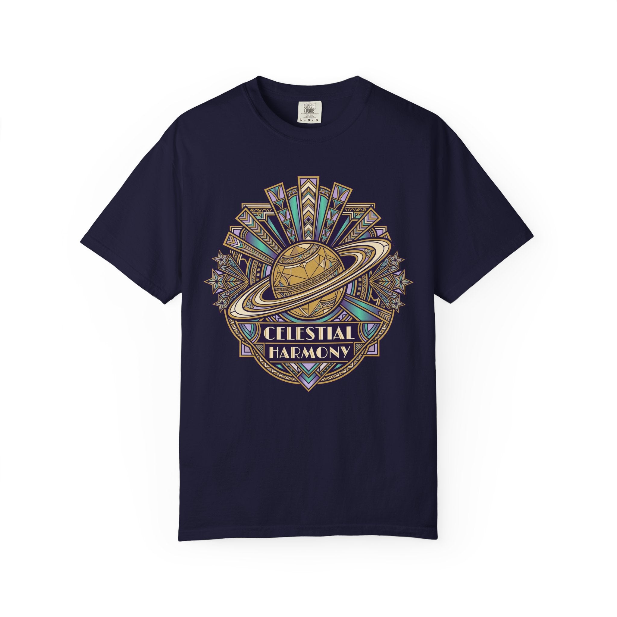Navy crewneck T-shirt with Saturn-like celestial graphic on the chest