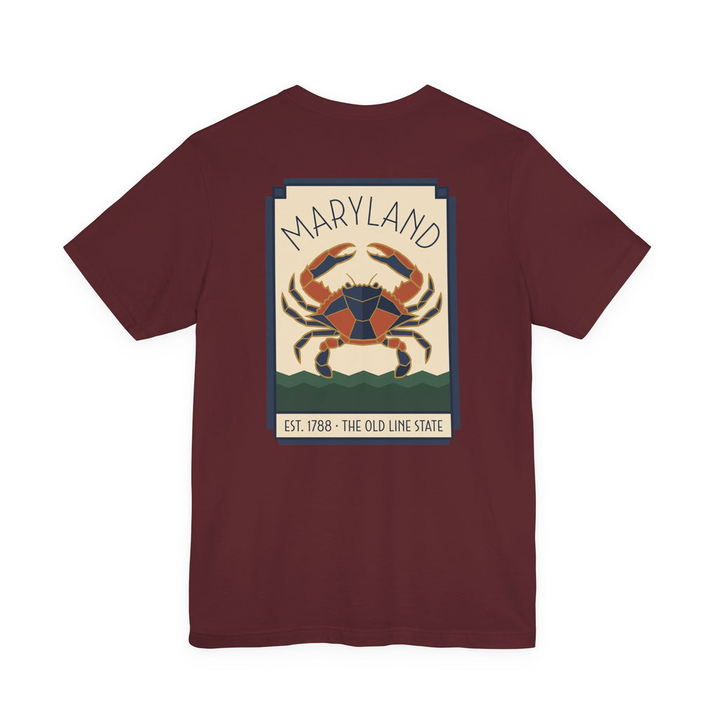 Burgundy T-shirt with large Art Deco blue crab graphic on the chest, front view.