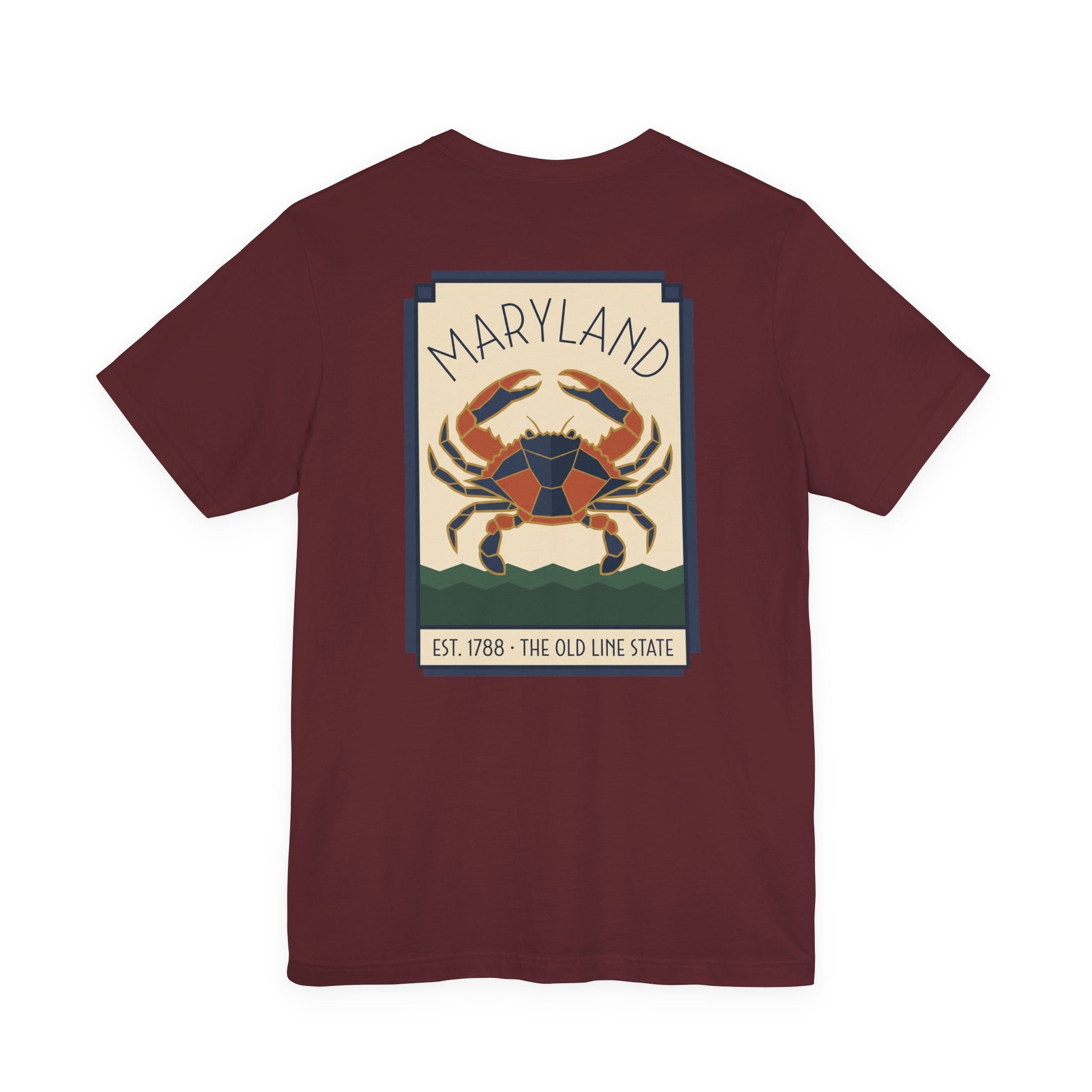Burgundy T-shirt with large Art Deco blue crab graphic on the chest, front view.