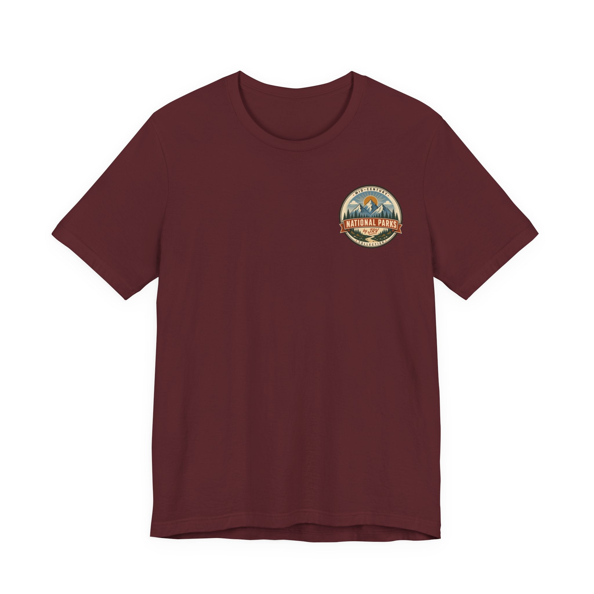 Maroon Yosemite national park t-shirt with circular retro emblem chest graphic.