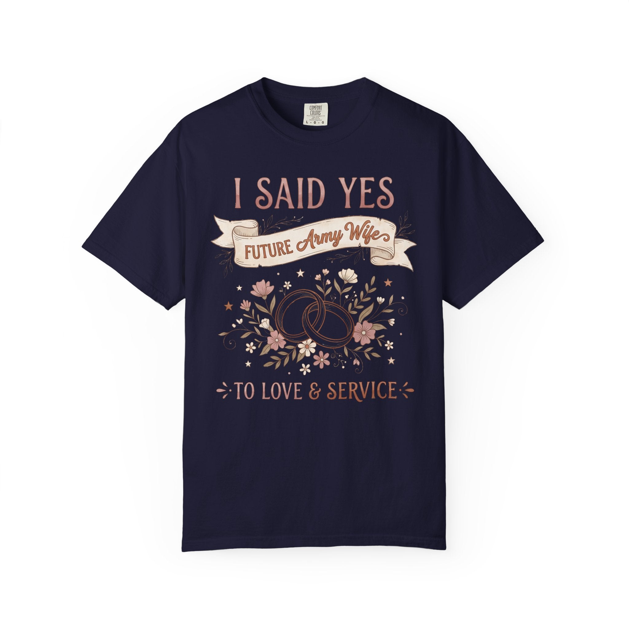 Dark navy T-shirt with "I SAID YES" floral wedding rings and "Future Army Wife"