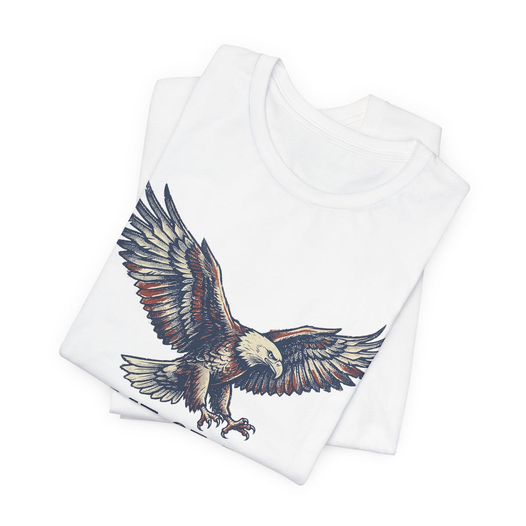 White T-shirt with partial flying bald eagle wing graphic print