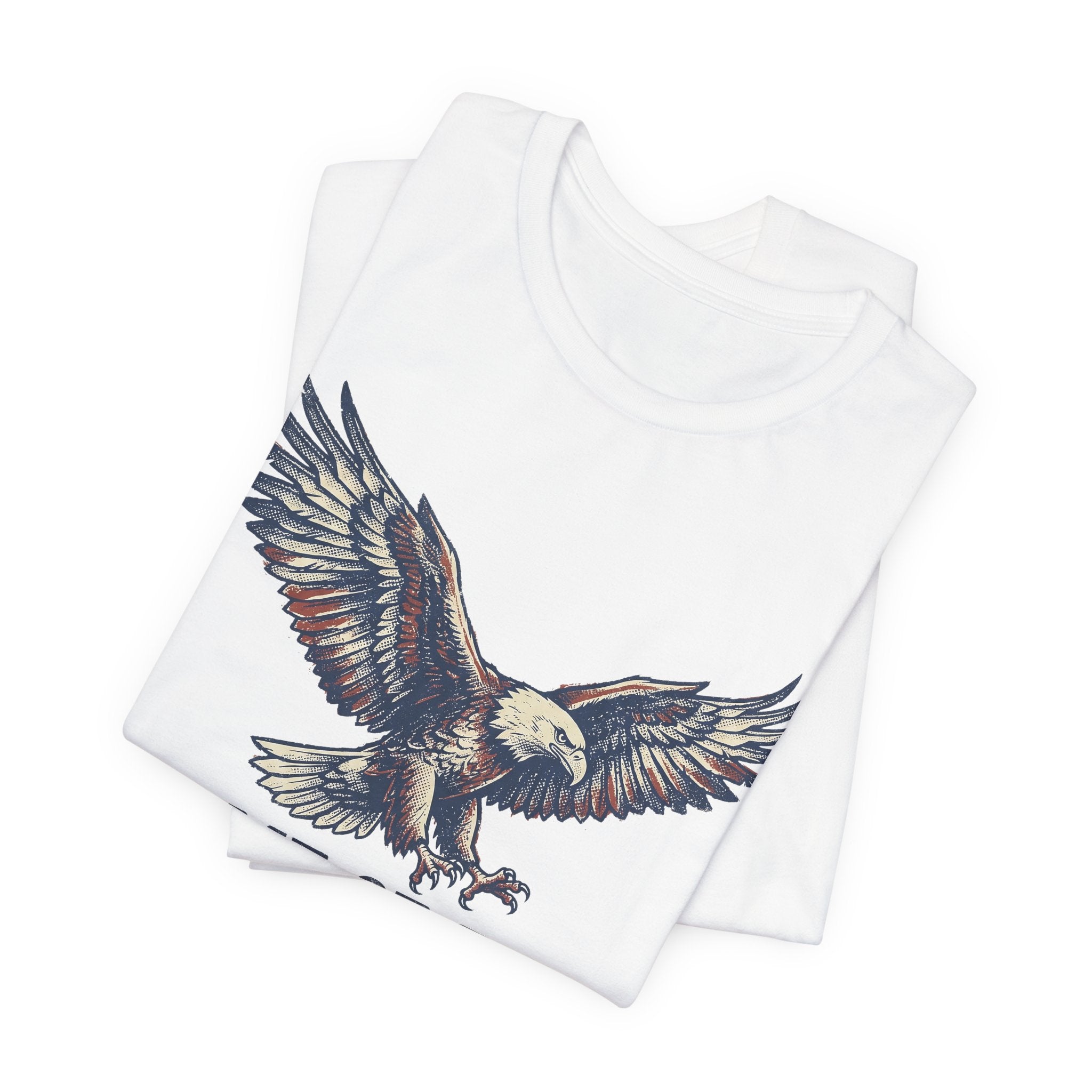 White T-shirt with partial flying bald eagle wing graphic print