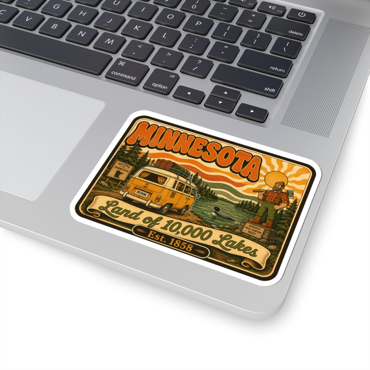 Minnesota retro Land of 10,000 Lakes kiss-cut sticker on laptop