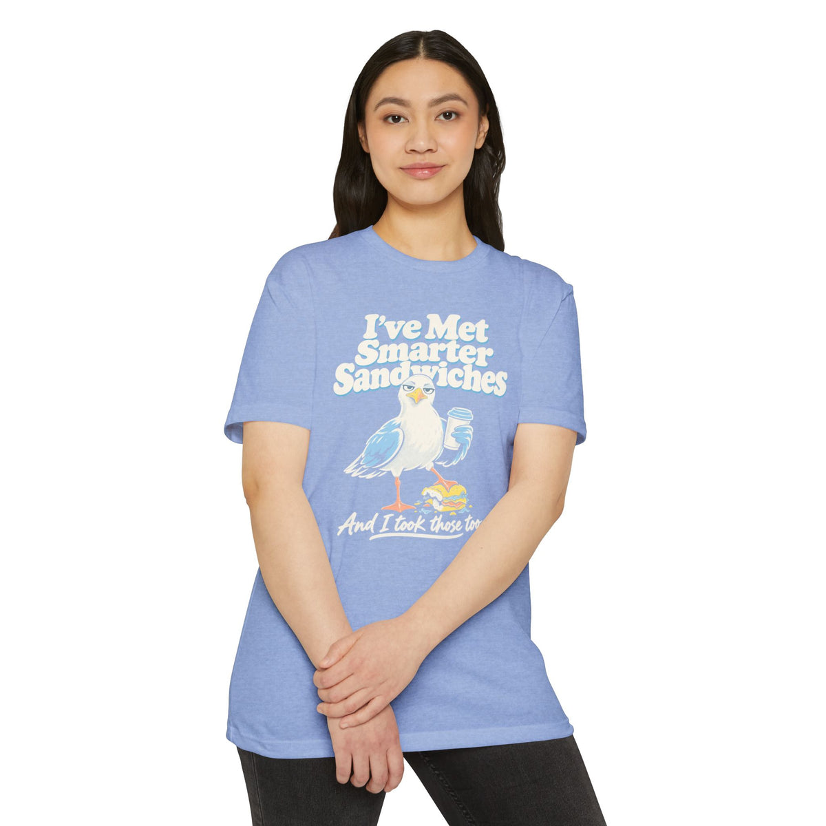 Light blue graphic T-shirt with seagull slogan 'I've Met Smarter Sandwiches' front
