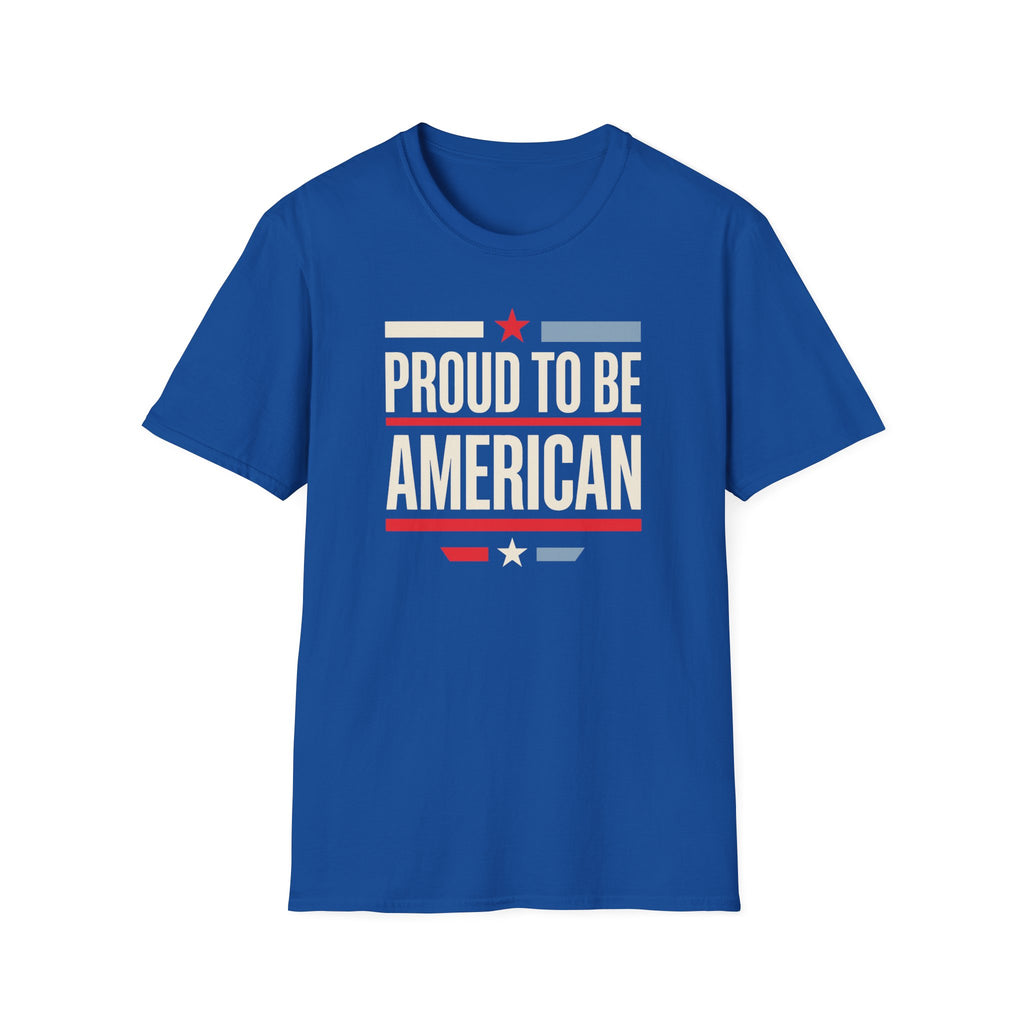 Blue T-shirt with "Proud To Be American" stars and stripes print
