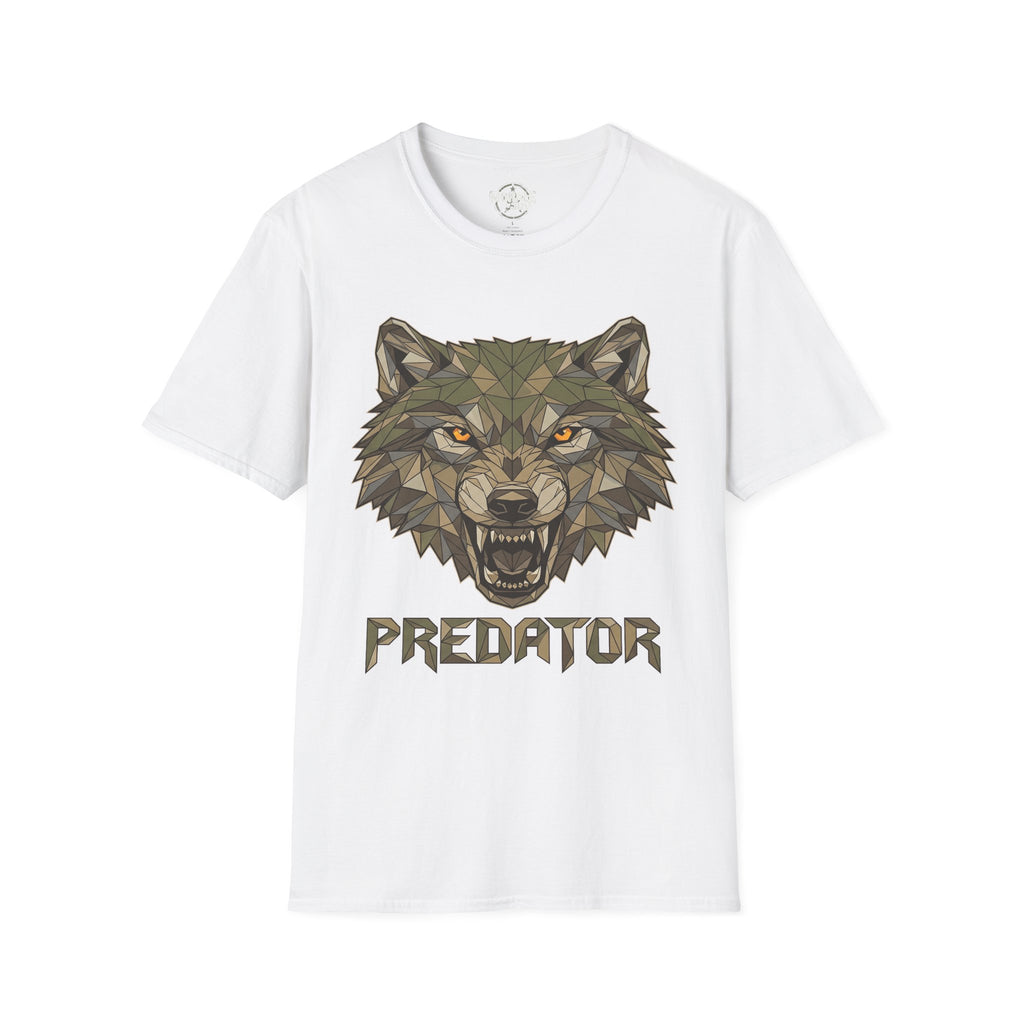 Geometrischer Wolfkopf Predator T‑Shirt, weiß, Frontdruck mit Wolf und Schriftzug