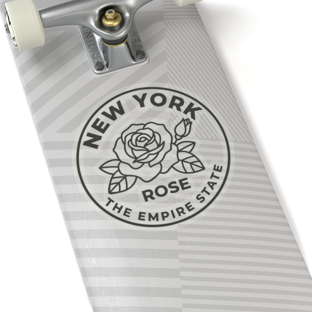 Circular rose state sticker on skateboard deck with gray “NEW YORK” and rose icon