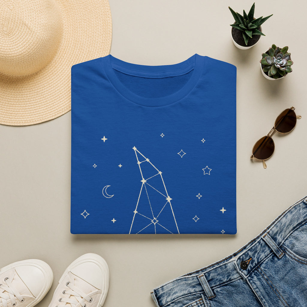 Blue crewneck T-shirt with celestial constellation graphic and star icons, flat front