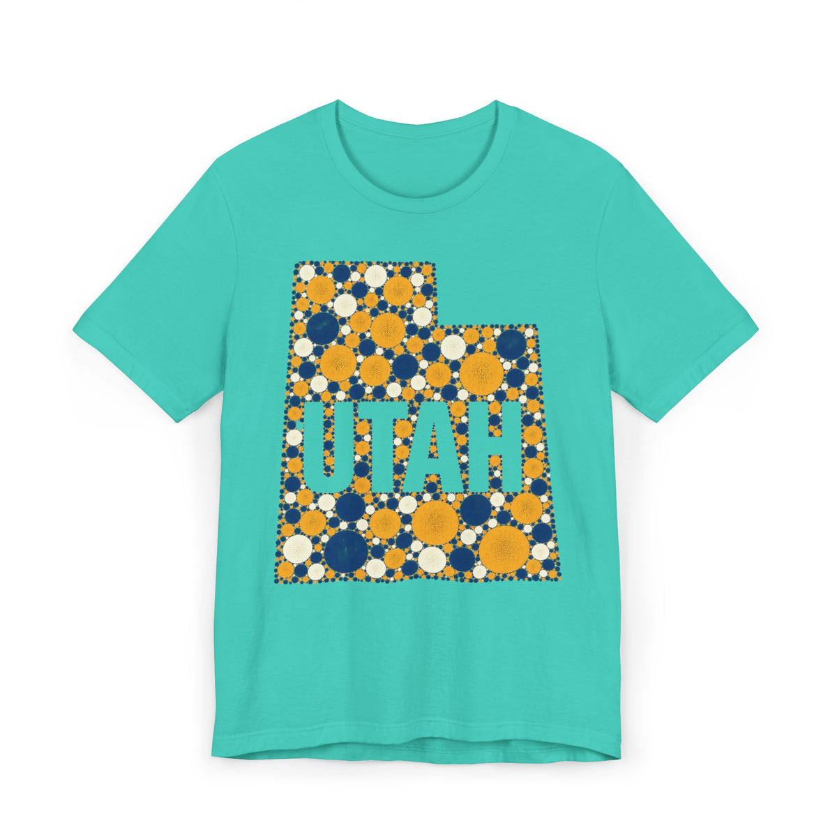 Polka dot Utah graphic t-shirt with UTAH text, blue and yellow on teal