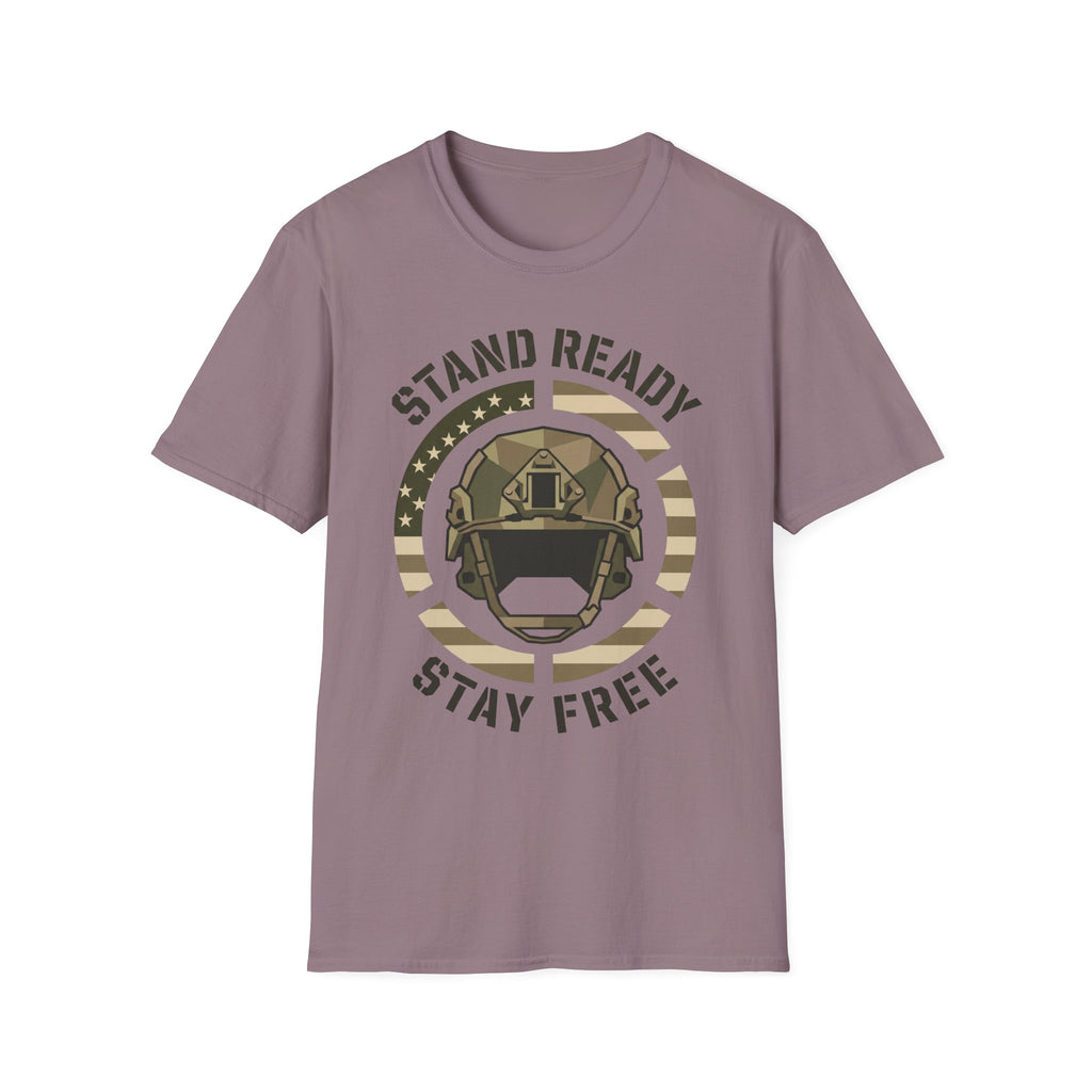 Lavender crew-neck T-shirt with circular camo helmet graphic and “STAND READY STAY FREE” text