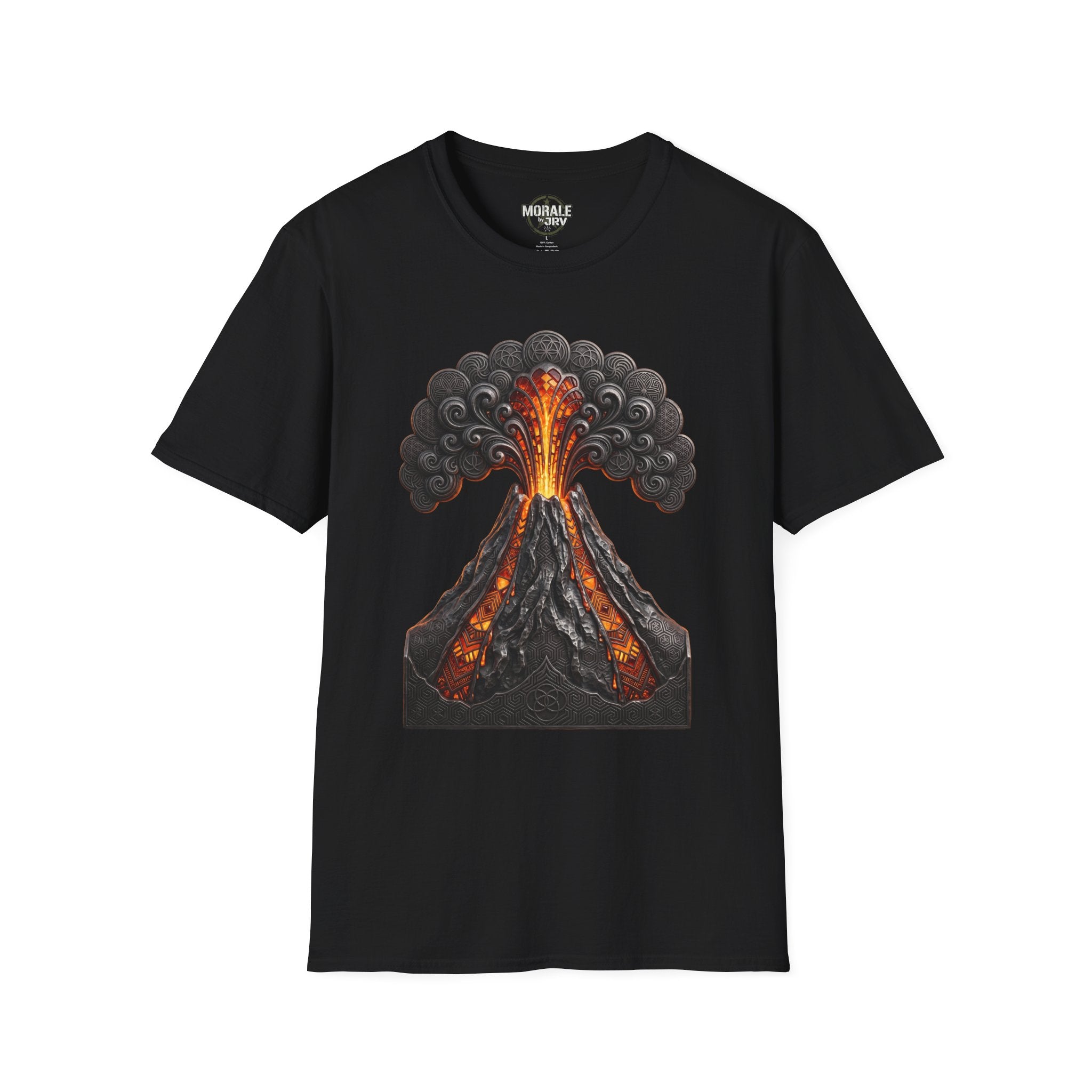 Black T-shirt with erupting volcano artwork, orange lava glow and gray smoke