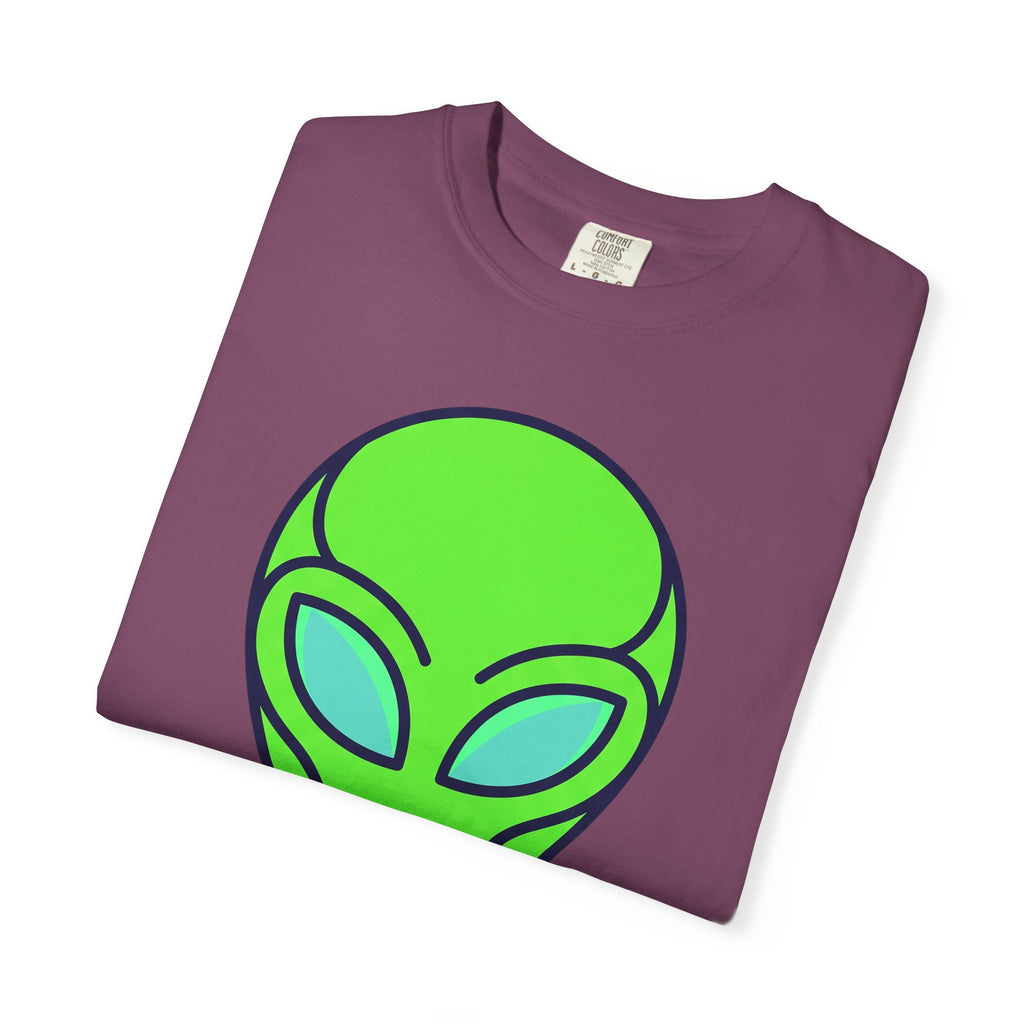 Dark plum crew-neck T-shirt with green alien face graphic, short sleeves