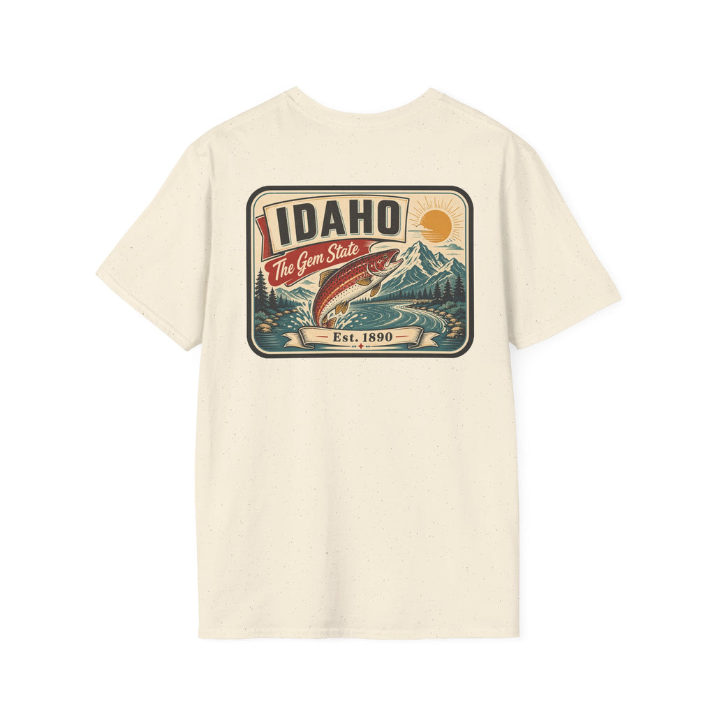Natural cream t-shirt with Idaho travel badge graphic and trout illustration