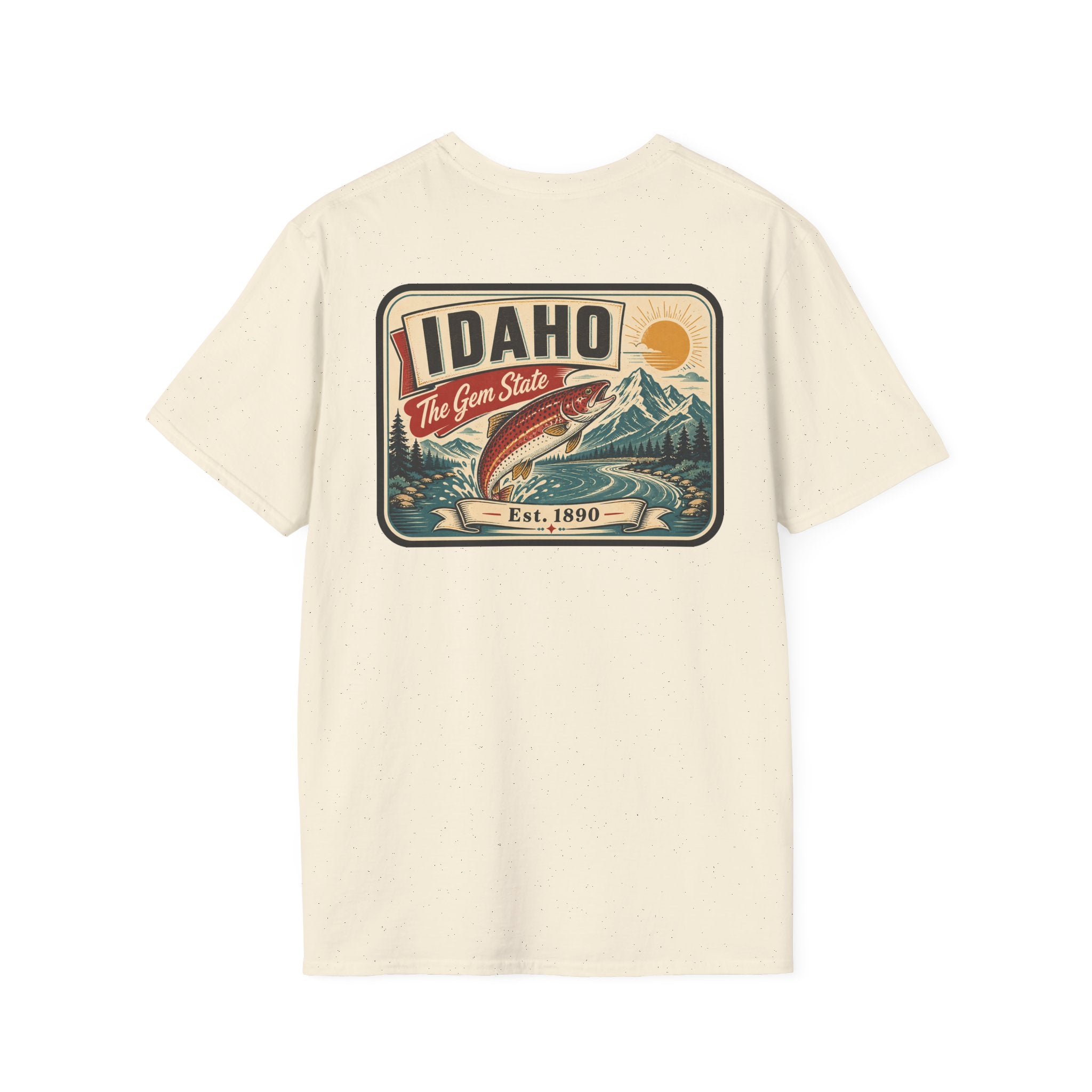 Natural cream t-shirt with Idaho travel badge graphic and trout illustration