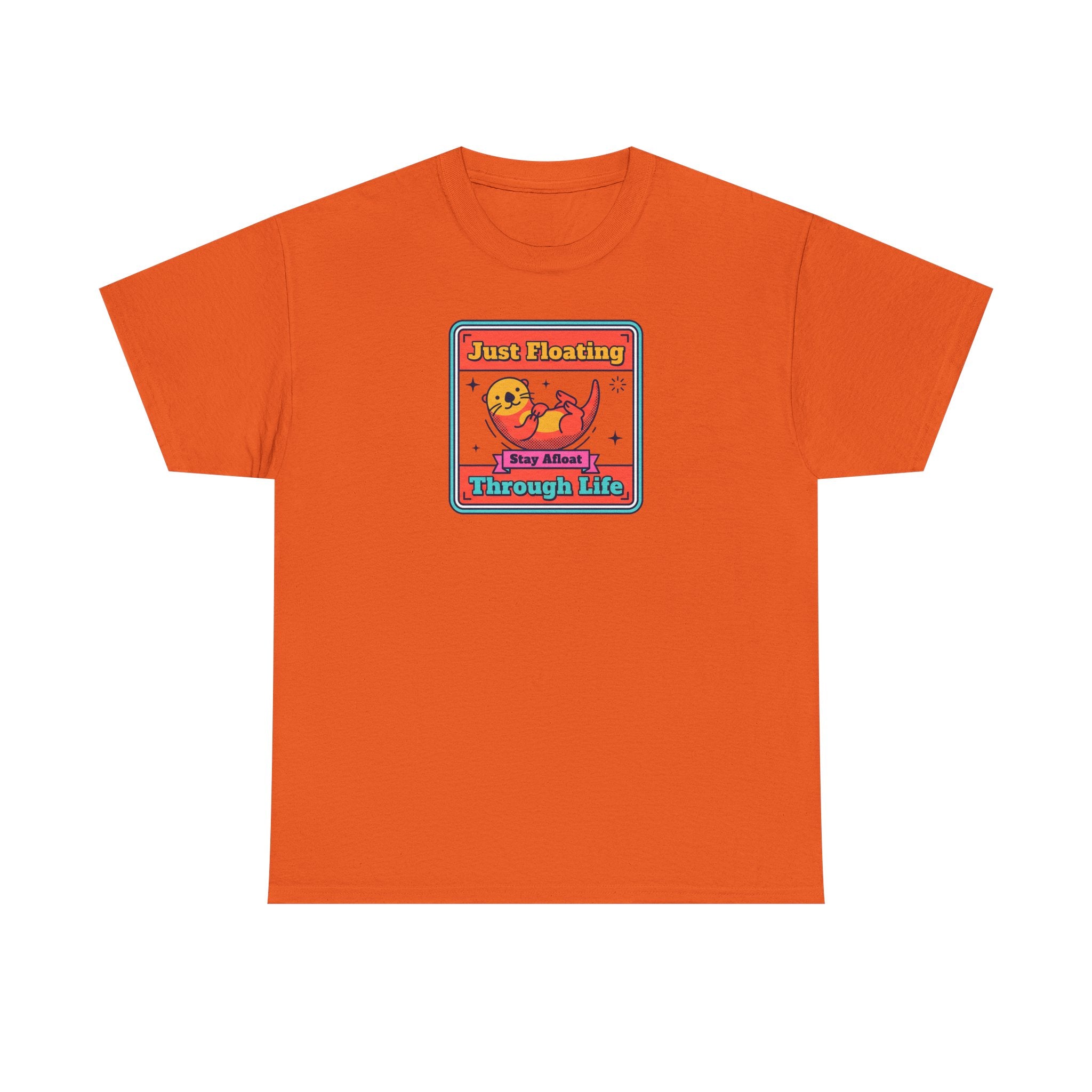 Orange crewneck T-shirt with framed otter graphic and text on chest