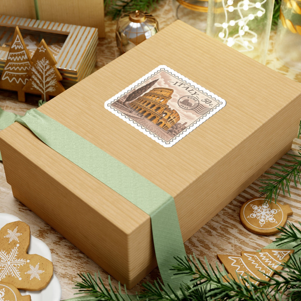 Kiss-cut Italy stamp sticker on a wooden gift box, Colosseum scene with “ITALY 50c”