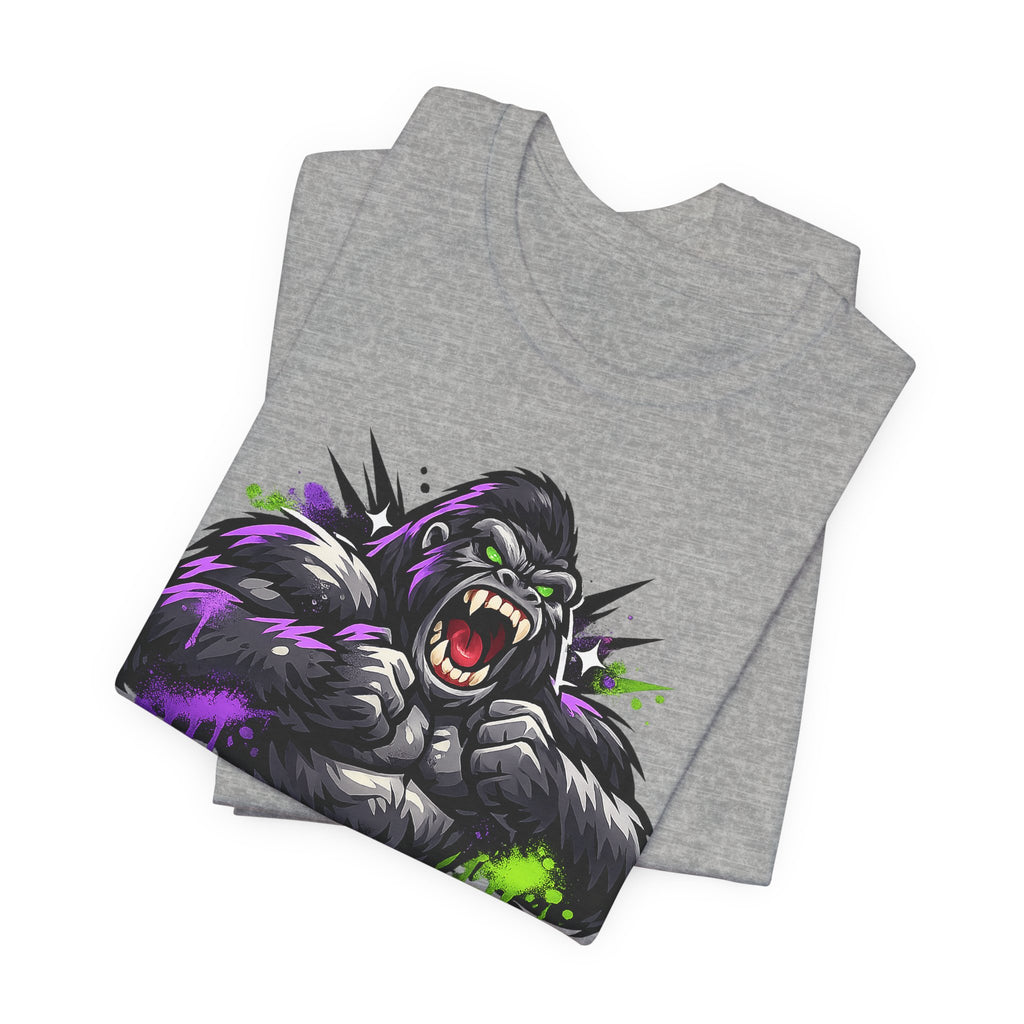 Dark gray unisex graphic tee with roaring gorilla face print in purple and green.