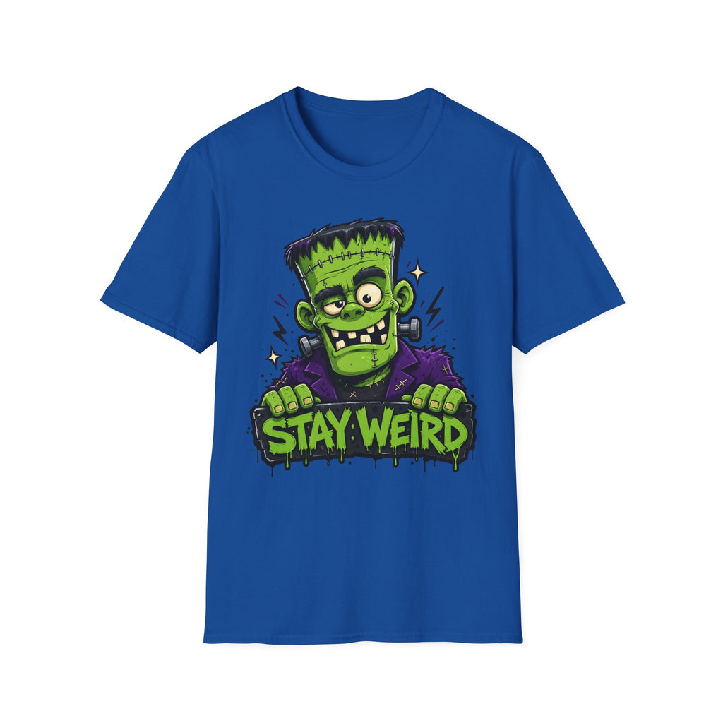 Royal blue graphic monster T-shirt with green character and “STAY WEIRD” text