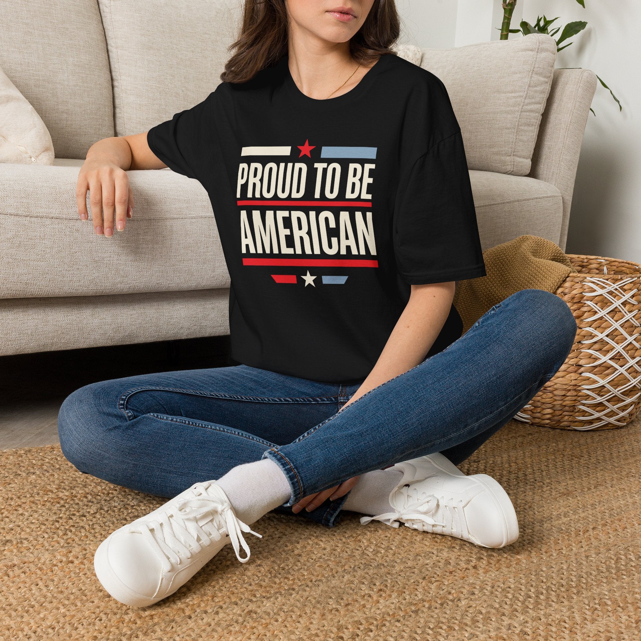 Black patriotic T-shirt with 'Proud To Be American' front graphic and small star stripes