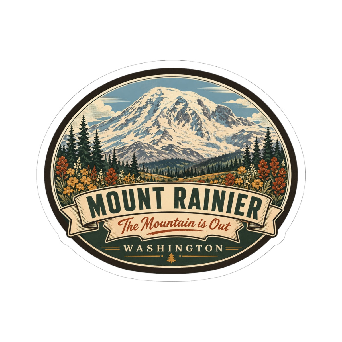 Oval Mount Rainier travel sticker with mountain peak, wildflowers, and WASHINGTON banner text