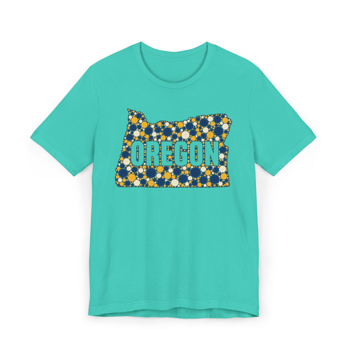 Teal Oregon map graphic t-shirt with blue and gold polka dot lettering