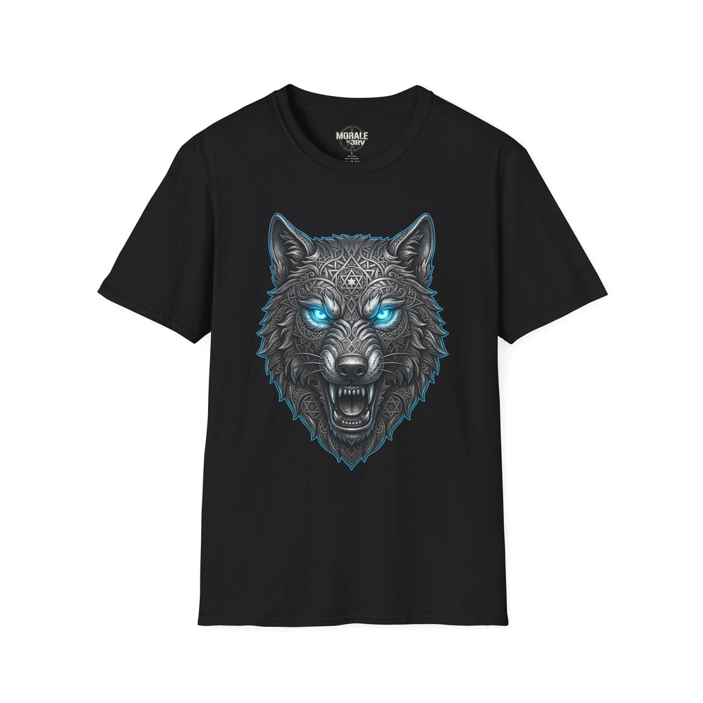 Black T-shirt featuring glowing blue-eyed wolf head illustration with ornate details