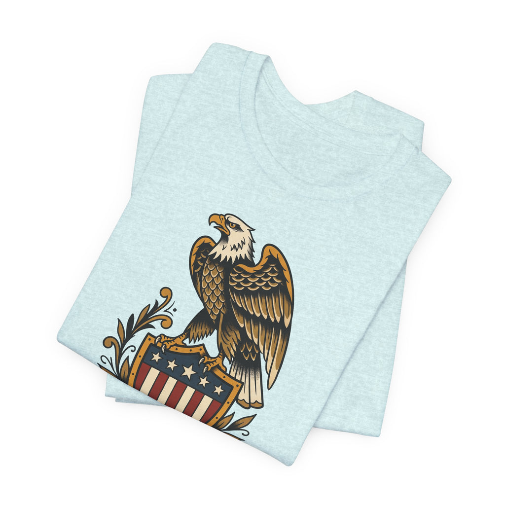 Light blue T-shirt with bald eagle shield graphic on the chest