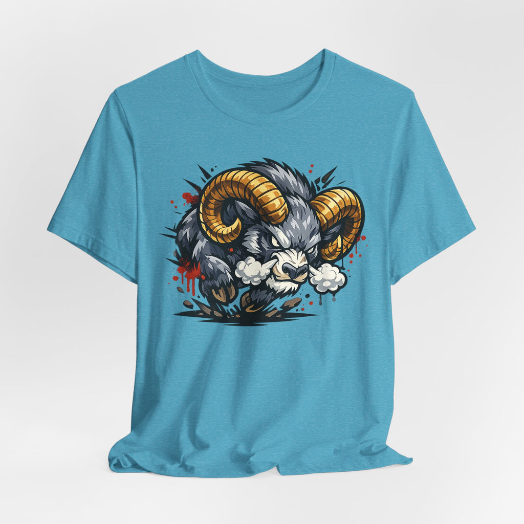 Turquoise t-shirt with charging ram head illustration graphic with gold horns and clouds