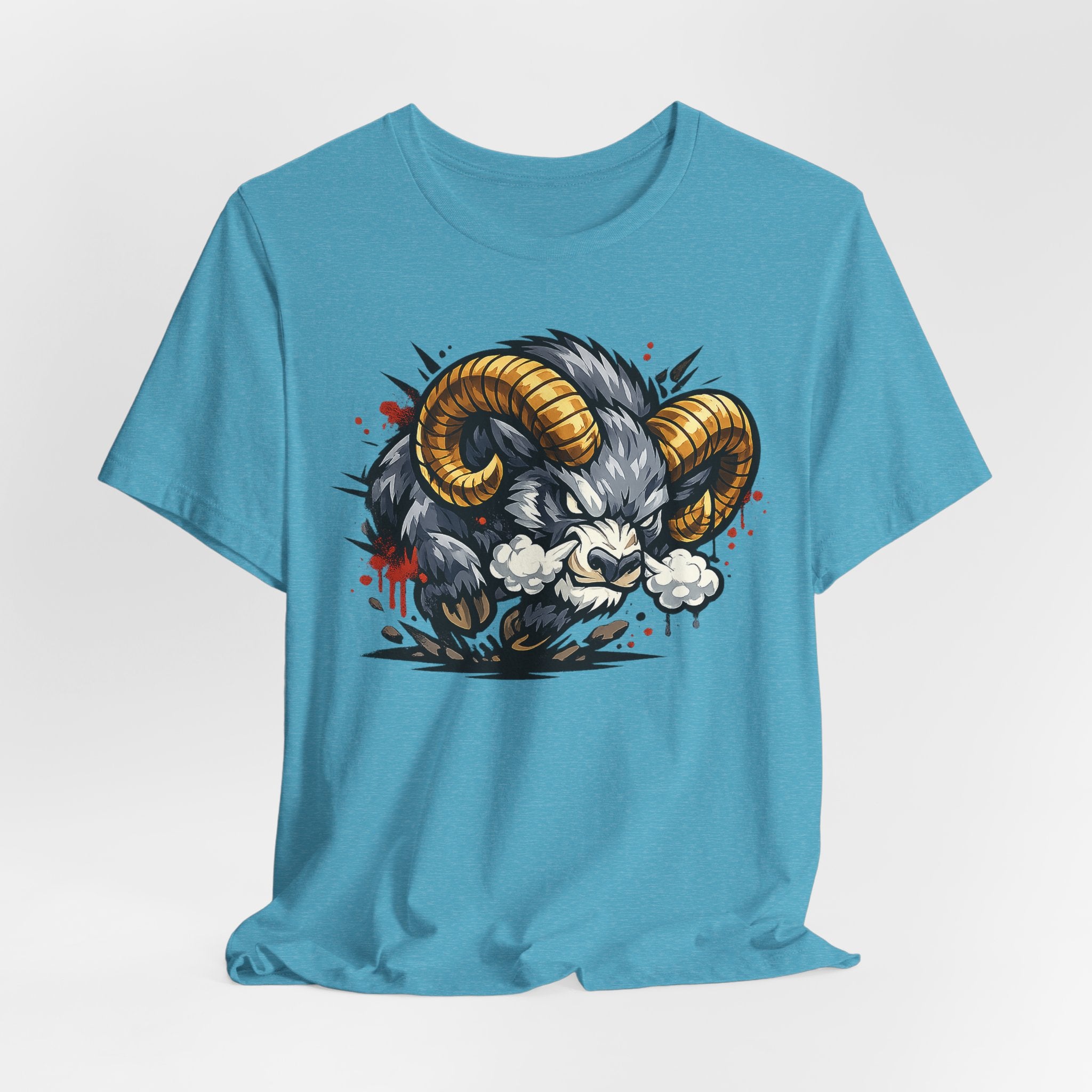 Turquoise t-shirt with charging ram head illustration graphic with gold horns and clouds