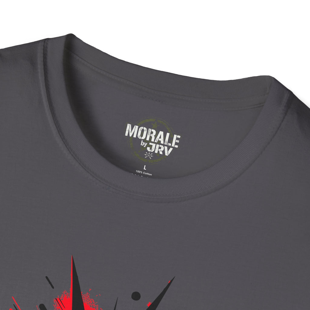 Crew neck label on charcoal T-shirt