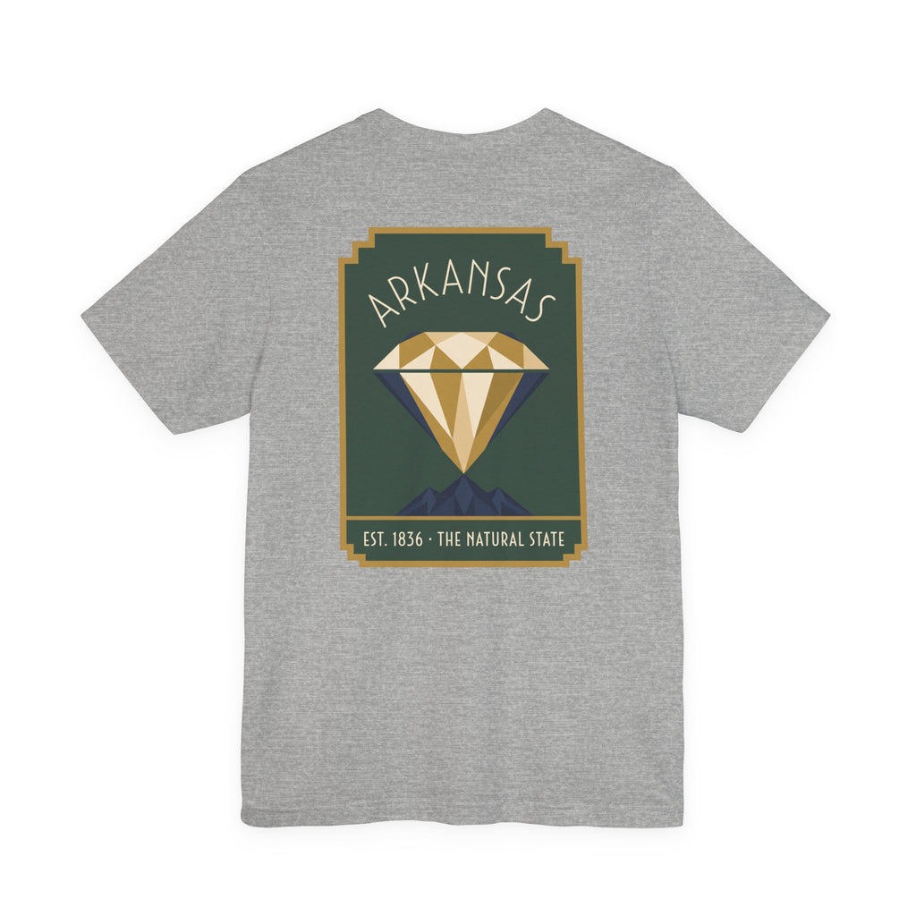 Heather gray T-shirt with Arkansas diamond art deco graphic, Est. 1836