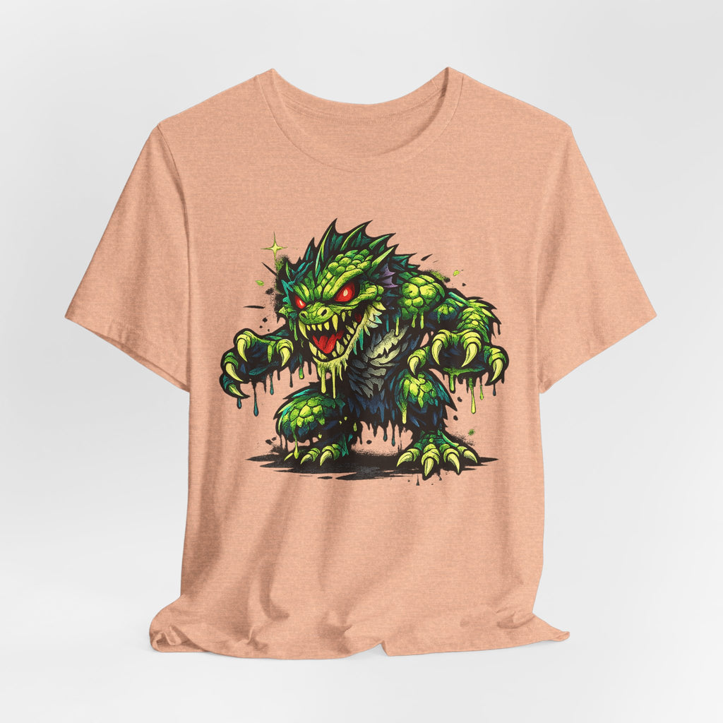 Peach monster illustration graphic t-shirt, short-sleeve crew neck with green creature