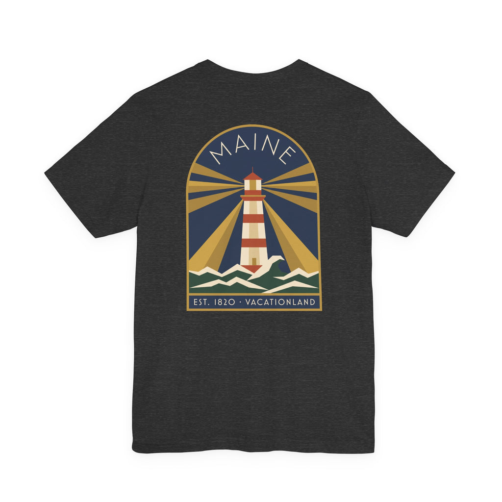 Dark charcoal crewneck T-shirt with vintage lighthouse graphic in circular badge