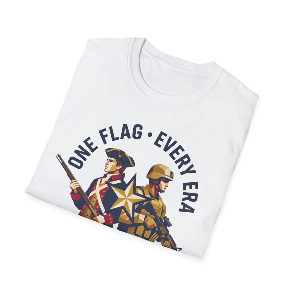 White crew-neck t-shirt with “ONE FLAG EVERY ERA” patriotic soldier graphic