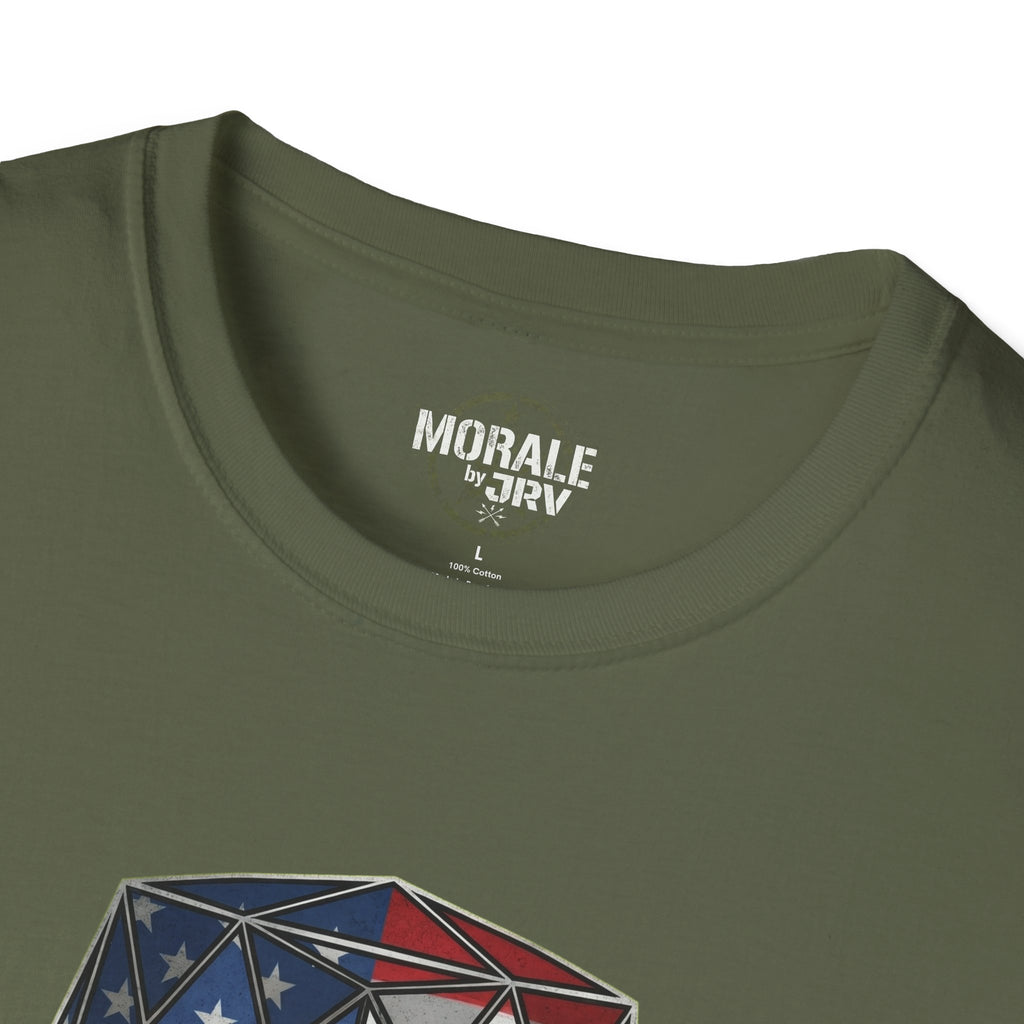 Military green T-shirt neckline logo with top of flag cube knight graphic
