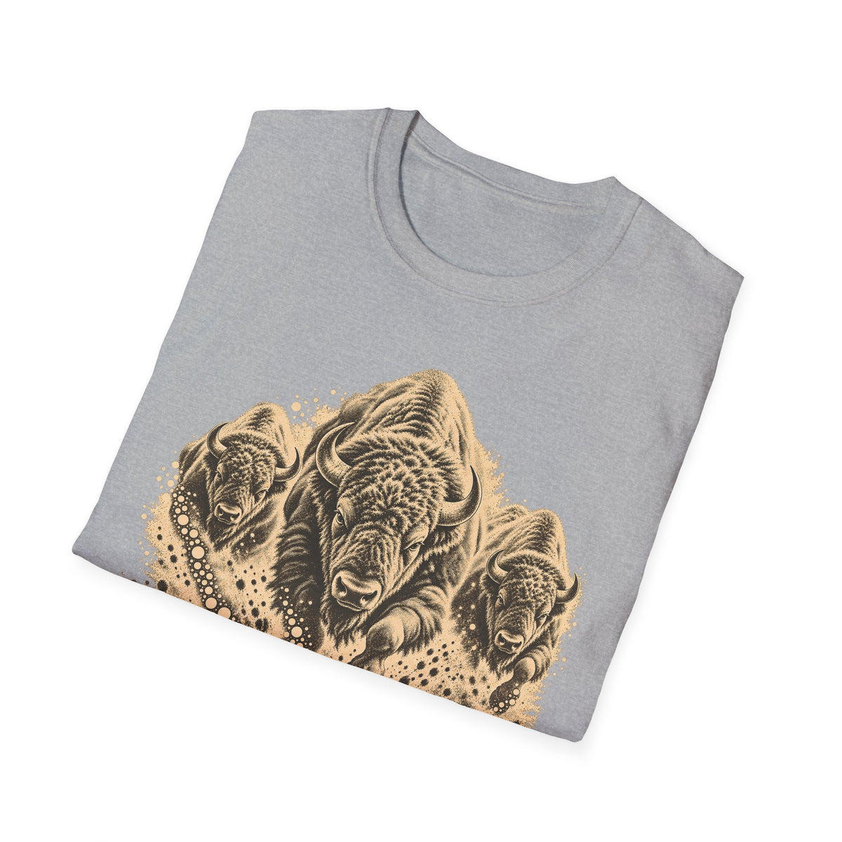 Sport grey bison herd graphic T-shirt with tan distressed print across chest