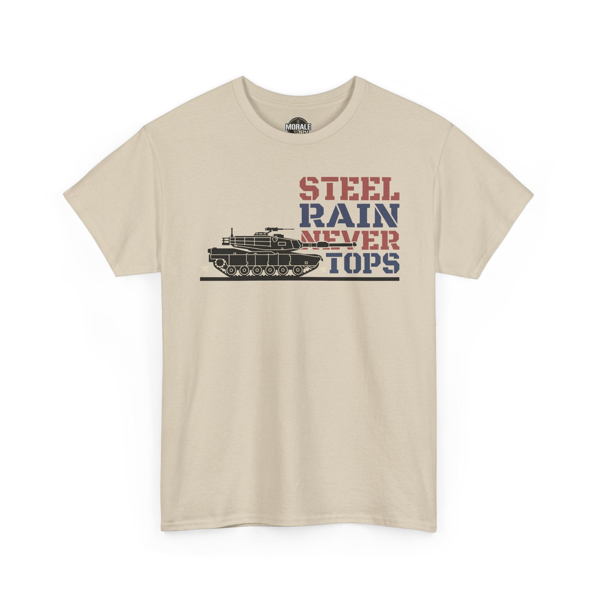 Tan crewneck T-shirt with tank front graphic