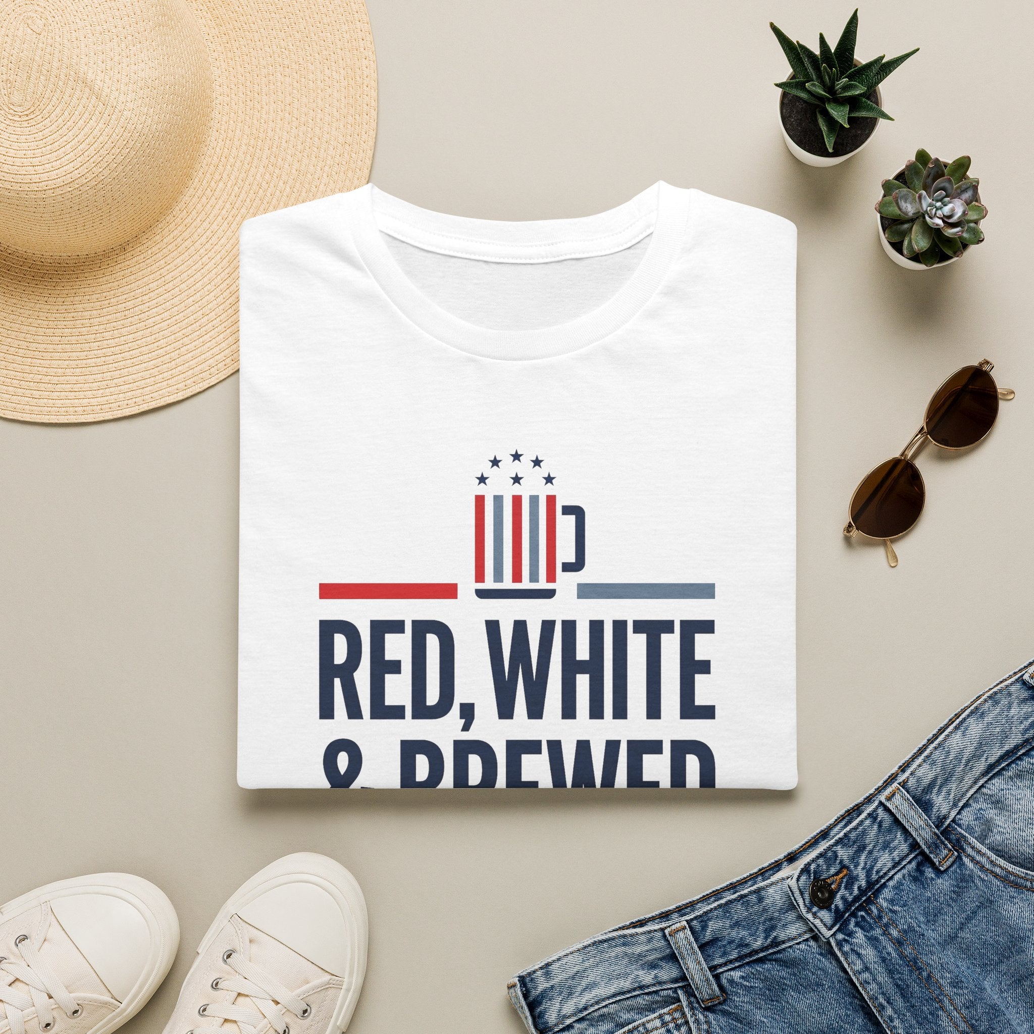 White T-shirt with patriotic graphic and text RED, WHITE & BREWED