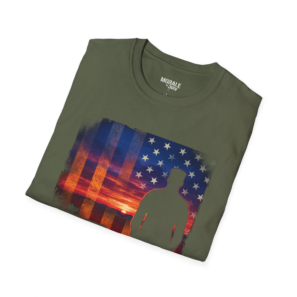 Military green folded T-shirt with American flag sunset and soldier silhouette print