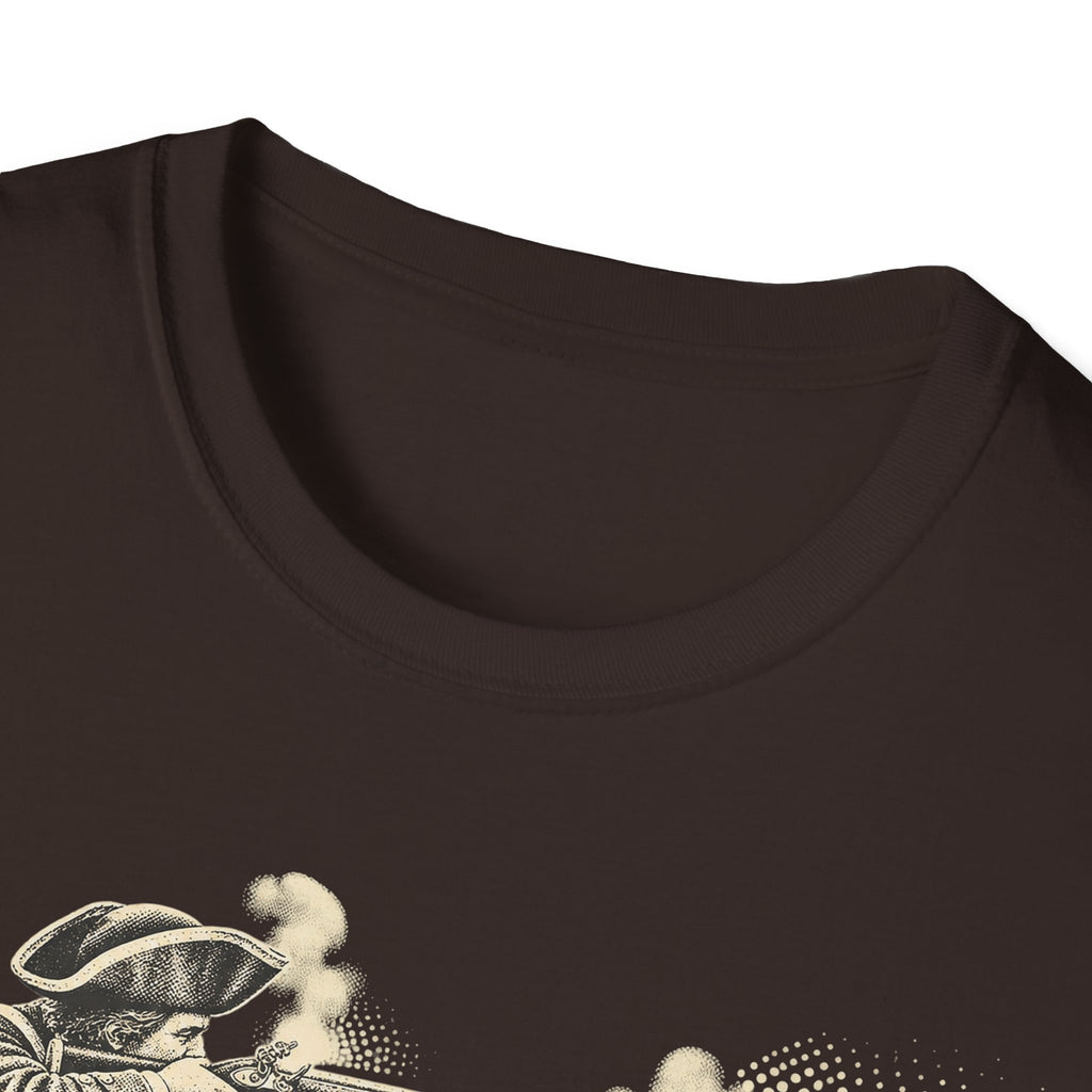 Dark brown crewneck t-shirt with partial sepia graphic at chest