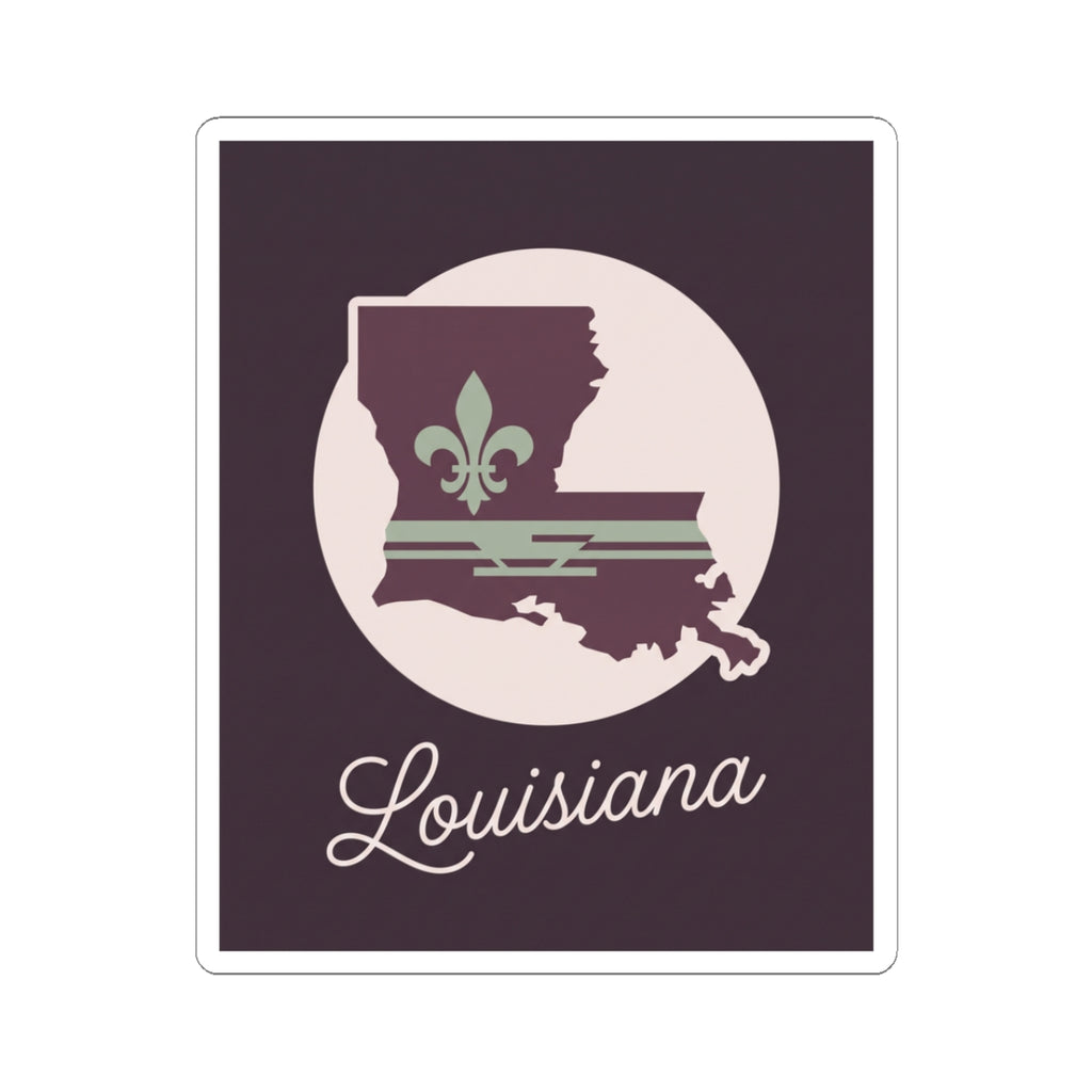Square mauve Louisiana silhouette vinyl sticker with white circle and script logo