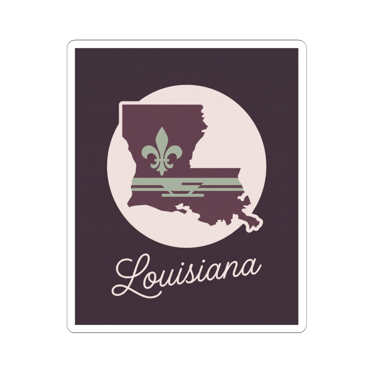 Square mauve Louisiana silhouette vinyl sticker with white circle and script logo