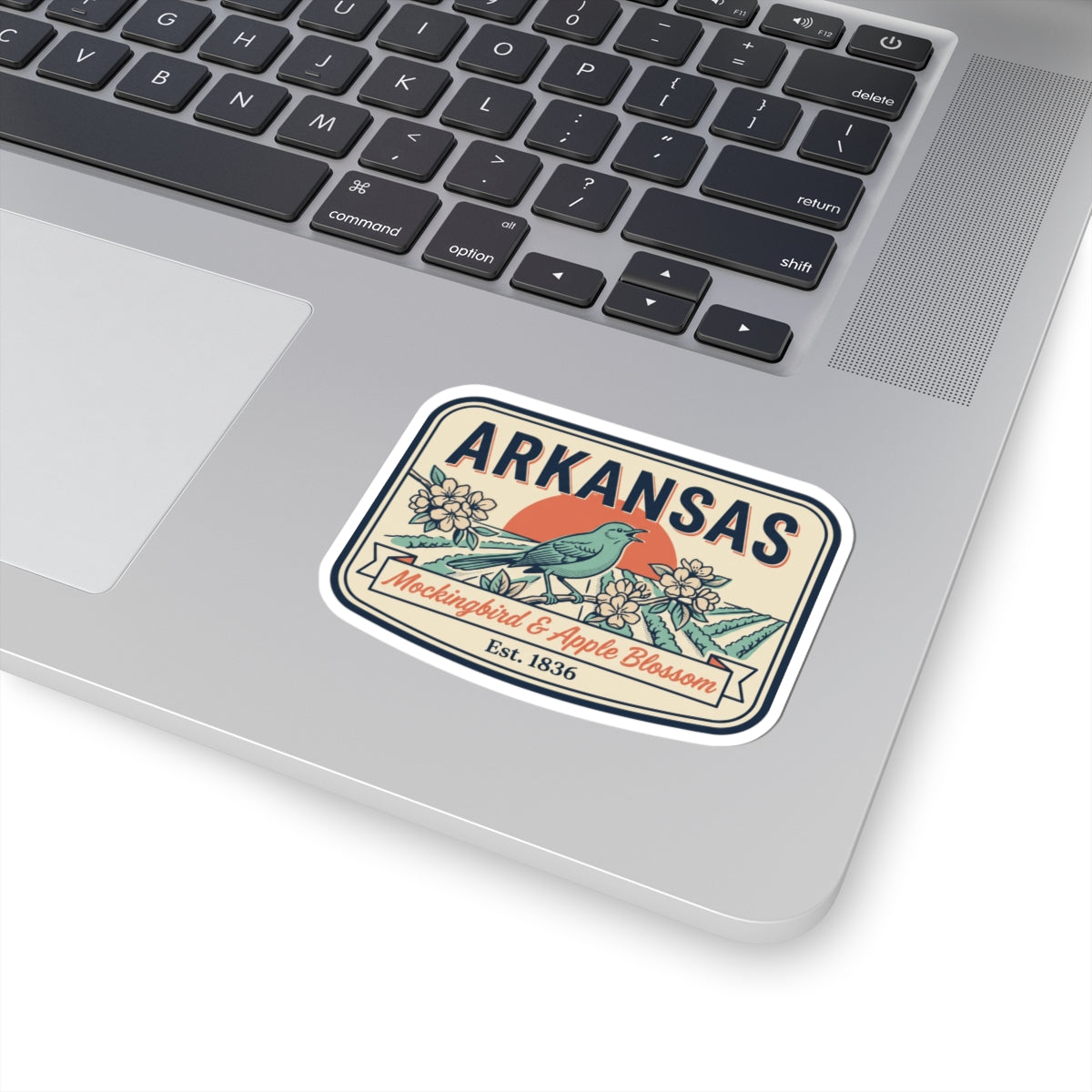 Arkansas vintage badge sticker on a laptop lid, with blue bird, flowers, and “Est. 1836”