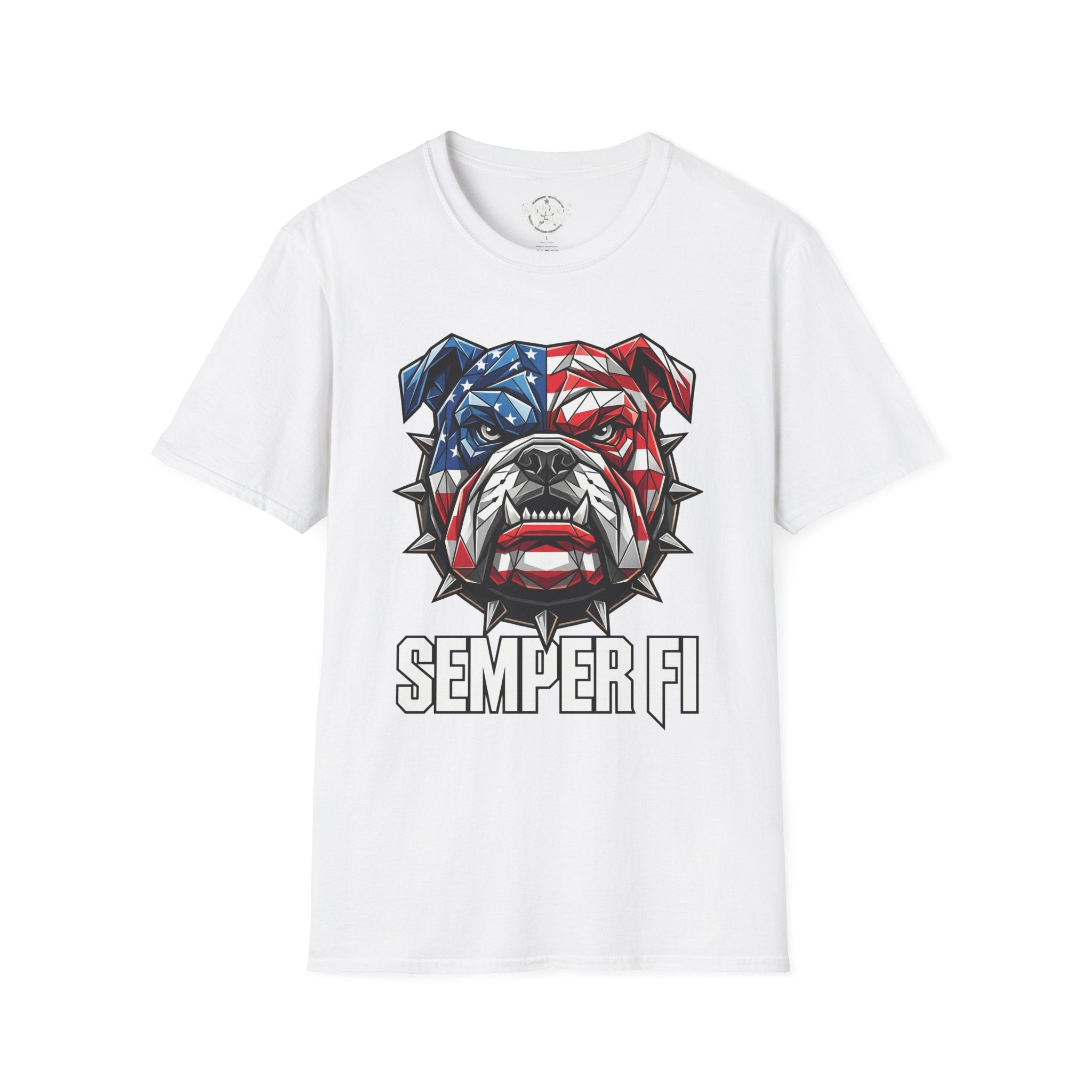 White Semper Fi bulldog T-shirt with American flag style head graphic