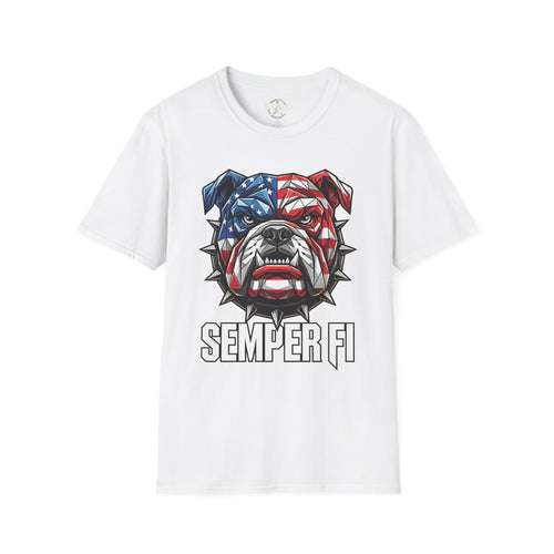 White Semper Fi bulldog T-shirt with American flag style head graphic