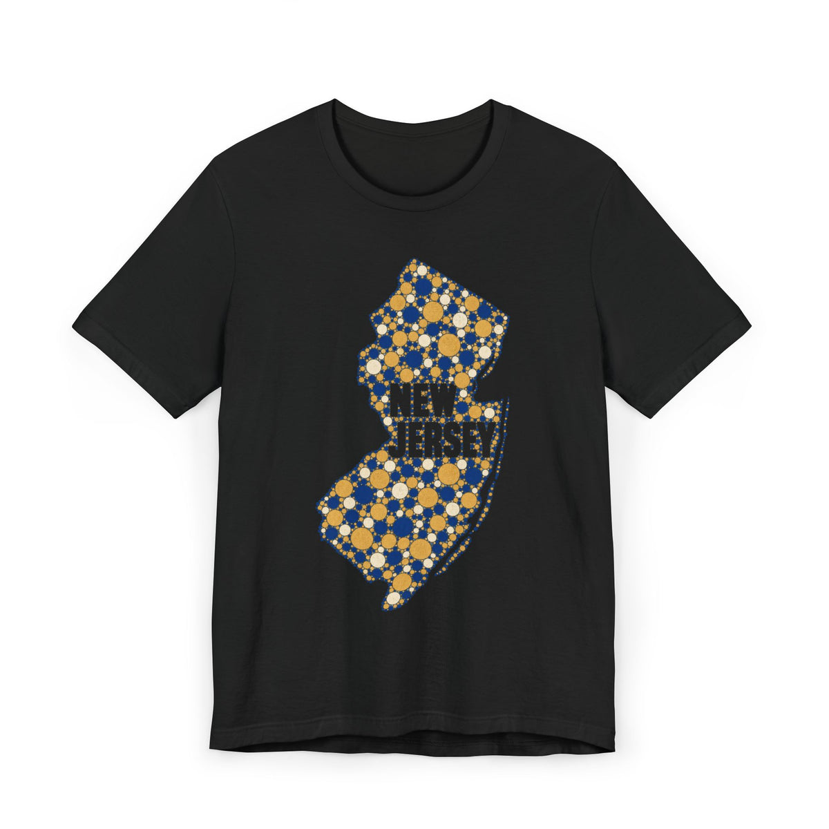 Black T-shirt with speckled floral New Jersey outline graphic in blue and gold