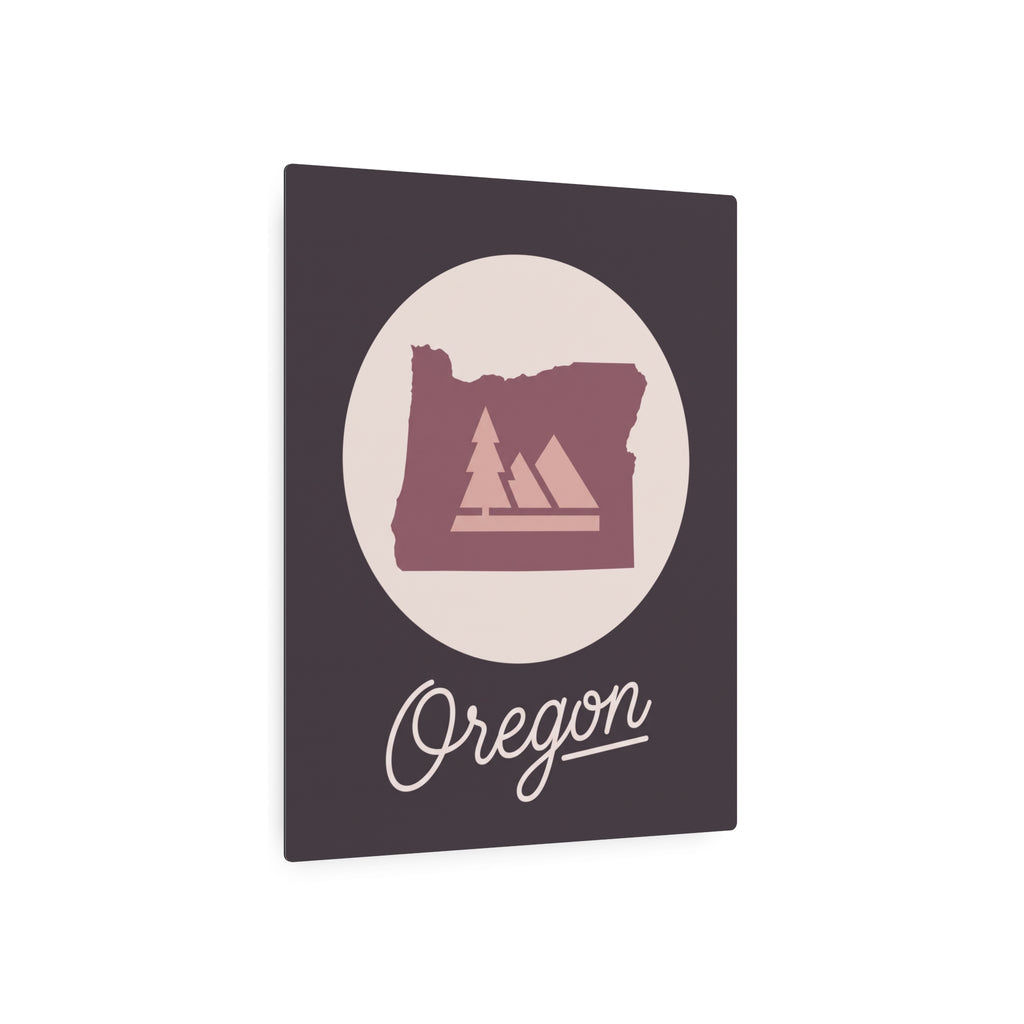 Oregon silhouette metal wall art sign with mauve-and-beige circular emblem and Oregon script