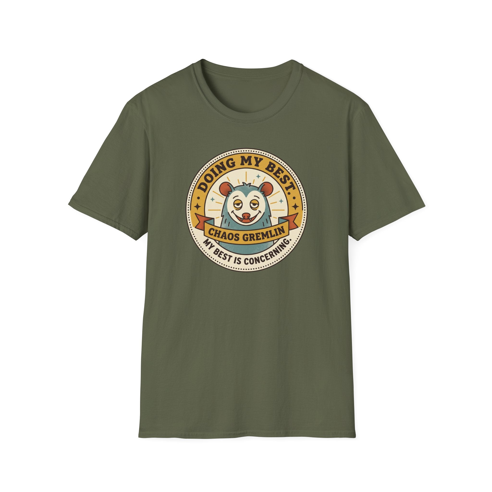 Olive green Chaos Gremlin graphic T-shirt with circular mascot logo on front